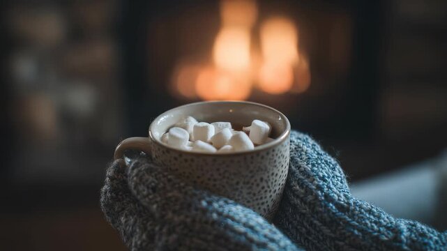 A person wearing cozy knitted gloves holds a ceramic mug filled with marshmallows in front of a warm, glowing fireplace. The scene evokes comfort and winter relaxation
