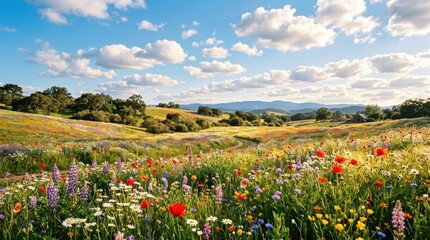 Obraz premium Serene landscape of vibrant wildflowers under a sunny Sunlit spring meadow with flowering plants and blue
