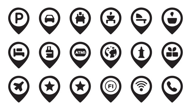 Set of black map pin icons for various services and amenities on transparent background.