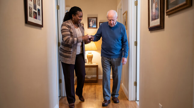 Female caregiver and elderly man, with supportive arm grip and casual clothing, walking slowly down a hallway, residential home interior, geriatric care photography