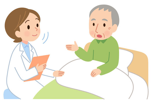 ベッドに座る高齢男性の話を聞く医者　訪問看護