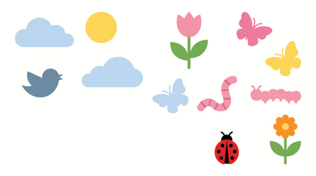 Cute spring nature clipart set with flowers butterflies bird worms ladybug sun and clouds on white background