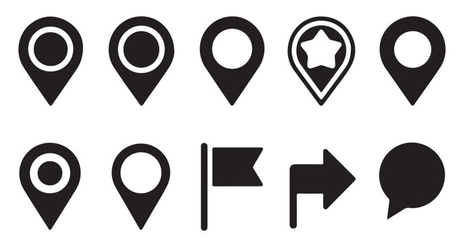 Set of black map navigation marker icons and flag symbols with star and arrow elements.