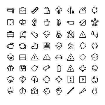 Icons set with an 8x8 grid of 64 minimalist black and white symbols featuring household items, weather conditions, safety signs with precision lines and symmetrical layout