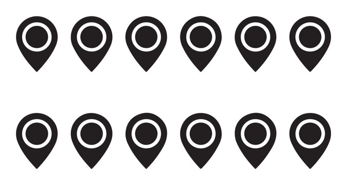 Two rows of simple black location pins with an inner circle on transparent background.