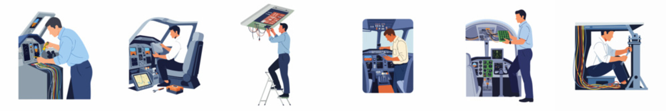 Collection of flat illustrations showing aircraft maintenance technicians and engineers working on avionics, wiring, and electronics inside a cockpit.