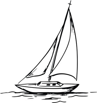 Black and white of a sailboat with full sails on rippling water