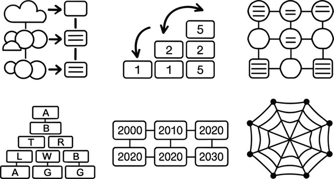 Data visualization diagram icon set showing hierarchical pyramid network matrix timeline structure maps and flowchart elements vector