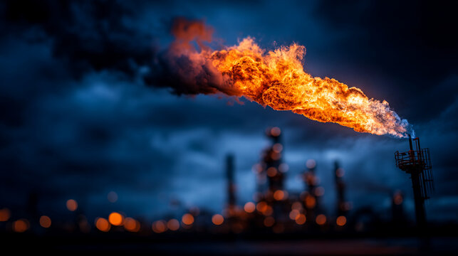 Industrial refinery flare stack burning gas with intense orange flames at night