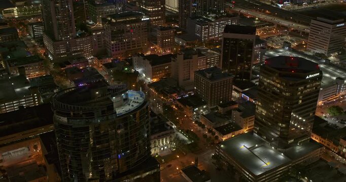 Orlando Florida Aerial v38 high rise buildings and city streets sparkle at night birdseye view - DJI Inspire 2, X7, 6k - March 2020