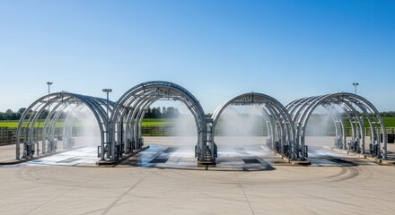 Fototapeta premium Modern Automotive Sanitation Station With Arched Spraying Structures Under Blue Sky