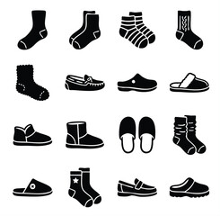 Assorted collection of socks and slippers silhouettes for comfortable home footwear with slippers footwear clothing silhouette collection seasonal knitwear background shopping wardrobe © Suriya