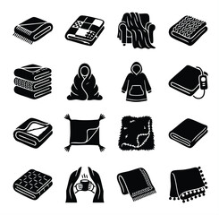 Set of cozy blankets and textile throw icons in black and white style with interior collection minimalist cozyhome furniture checkered electric lounging lifestyle decoration comforting © Suriya