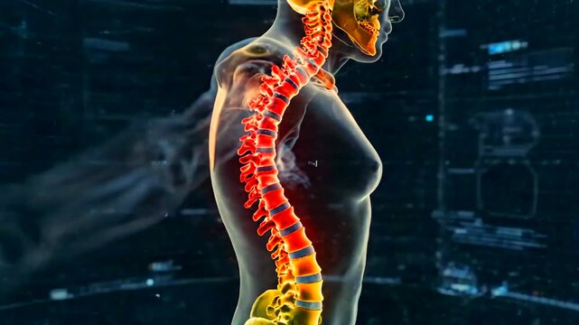 full spine d thermal gradient caucasian female body scan showing sagittal curvature and colored vertebrae from posterior and profile views, scoliosis and posture analysis for biomechanical