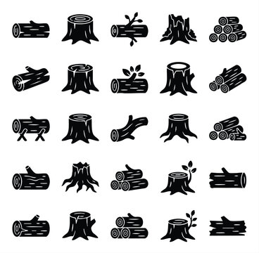 Black silhouette icons of wood logs stumps and firewood stacks with cross section firewood forestry silhouette woodwork material industrial construction timberland resource timbering