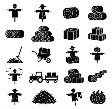Set of farming and harvest season icons with scarecrows and hay bales scarecrow agriculture equipment pitchfork wheelbarrow countryside landscape machinery silhouette collection autumnal