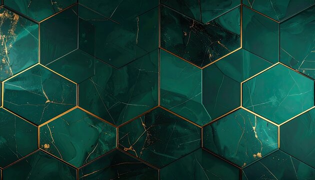 Emerald Green Hexagonal Marble Texture with Gold Veins.