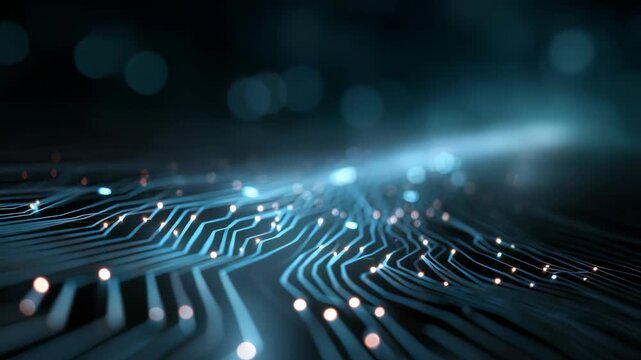 Futuristic digital circuit board with glowing lines and nodes representing advanced technology and innovation. Abstract background illustrating modern electronics and connectivity