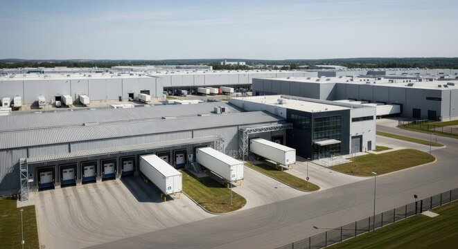 Sprawling food logistics distribution facility with multiple truck trailers at loading docks