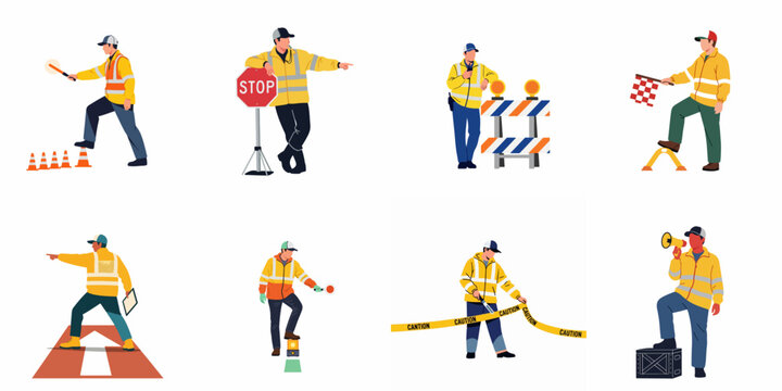 Collection of road workers and traffic controllers in high-visibility safety vests managing traffic and construction sites with various equipment.