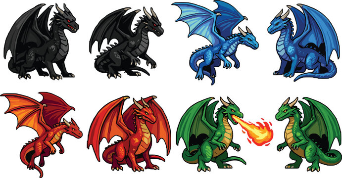 Fantasy dragon character vector sprites set featuring red blue green and black fire breathing cartoon dragons for gaming