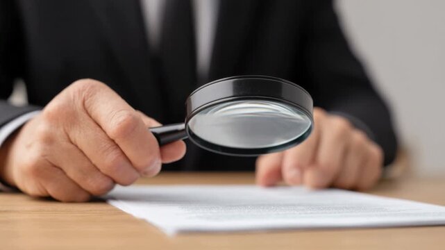 Businessperson using magnifying glass to closely examine detailed document on wooden table in professional office setting for careful review and analysis