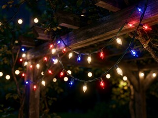 Fototapeta premium Colorful String Lights on Wooden Pergola at Night with Beautiful Bokeh, Festive Garden Illumination