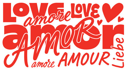 Red love words in different languages on white background  romantic graphic design element © Amirul