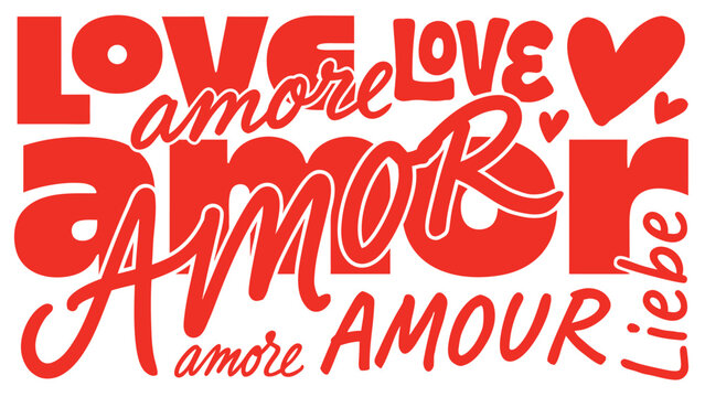Red love words in different languages on white background  romantic graphic design element