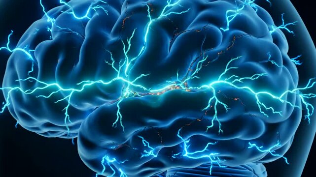 synaptic cleft with glowing transmitter flow, microscopic vesicle release and green transmitter particles crossing to macroscale electric brain currents, linking molecular signaling