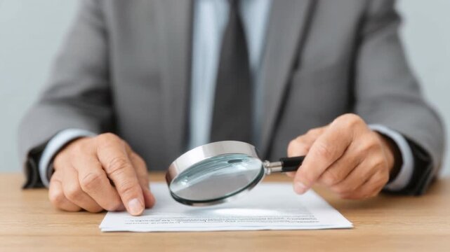 Businessperson in gray suit examining contract document with magnifying glass focusing on details and fine print on wooden table in office setting