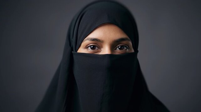 Muslim woman in black niqab looking at camera, close up portrait with expressive eyes on dark studio background, Islamic clothing and modest fashion