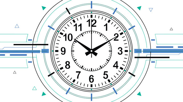 Futuristic abstract clock face template design with circular measuring lines tech elements numbers and geometric pointer hands