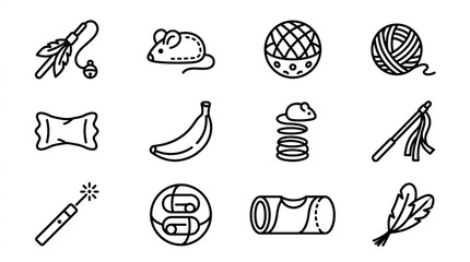 Collection of cute cat toys and accessories in a simple line art style. © To
