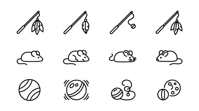Collection of playful cat toys and mice icons in a simple line art style.