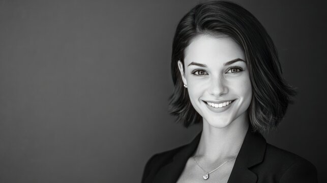 Confident Woman in Professional Attire: A striking black and white portrait of a confident woman with short, dark hair and a captivating smile.