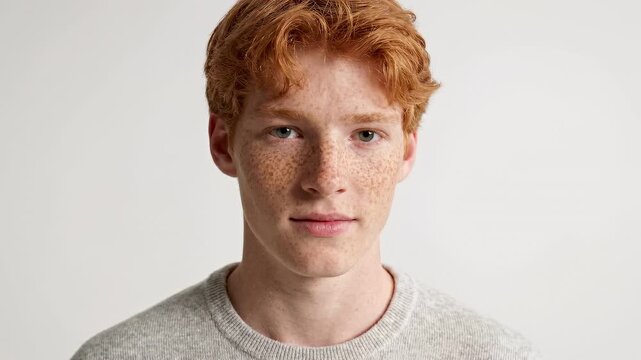 Red-haired young man with freckles and open eyes looking at camera in clean studio portrait, natural male beauty, fair skin, calm confident expression, casual gray shirt, soft light, minimal white bac