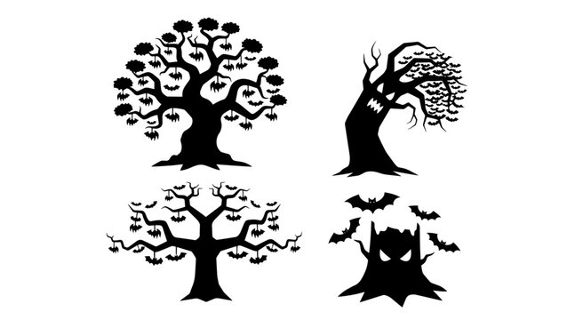 Eerie black bat silhouettes flying around bare spooky trees vector illustration