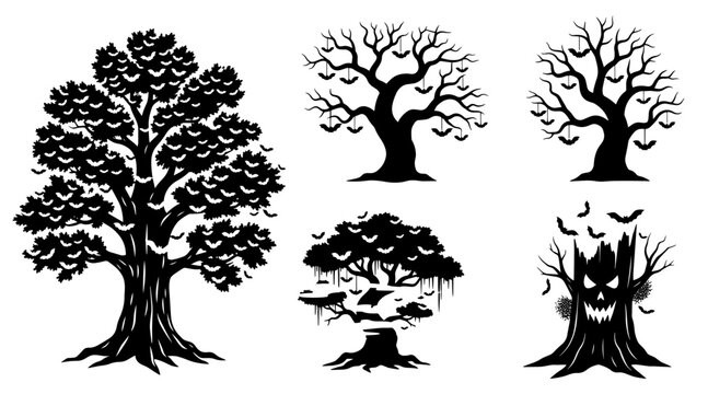 Halloween themed black bat silhouettes flying around bare spooky trees vector illustration
