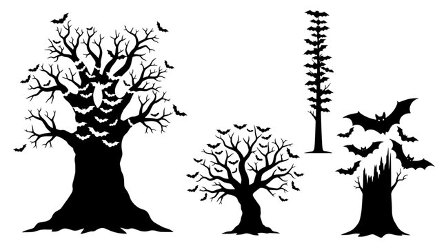 Halloween bats flying around bare spooky trees in minimalist black and white illustration