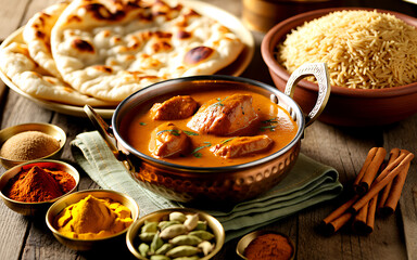 Fototapeta premium Indian cuisine spread, chicken curry, naan bread, rice, and spices on a wooden table indian food