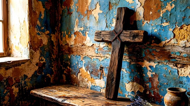 A rustic wooden cross resting on a wooden bench against a peeling blue and brown paint wall, with a clay pot and dried lavender flowers creating a vintage religious atmosphere.