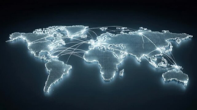 Futuristic digital world map with glowing light dots and connected network lines symbolizing global communication and data exchange across continents in dark background