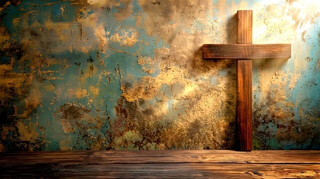 ​A dark wooden cross standing on a timber surface against a textured rustic wall with peeling paint in blue, brown, and gold tones, symbolizing spirituality and faith reflection.