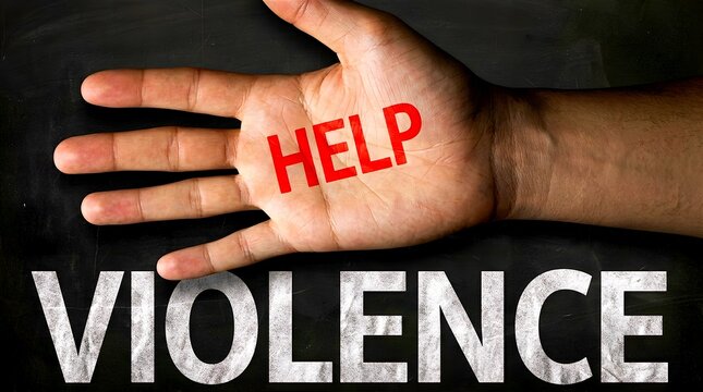 An open human palm with the red word HELP written on it, placed over a dark background with a large white text overlay reading VIOLENCE, symbolizing an anti-violence campaign.
