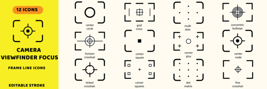 Camera viewfinder focus vector icons set. Photography frame overlays, targeting crosshairs, and digital screen reticles vector signs. Grid cross icon. Concentric bullseye icon.