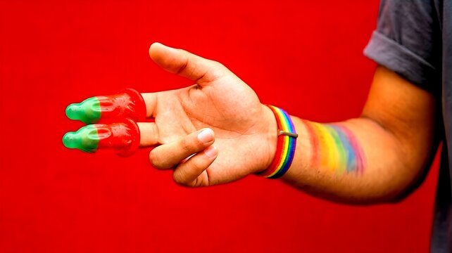 A person wearing a rainbow pride wristband holds two condoms on their fingers against a vibrant red background, representing lgbtq+ sexual health awareness and safe sex.