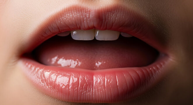 Womans lips with pink lipstick smiling.
