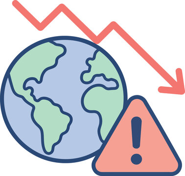 Flat style icon representing global crisis, economic recession, and warning alert with a downward arrow over planet earth.