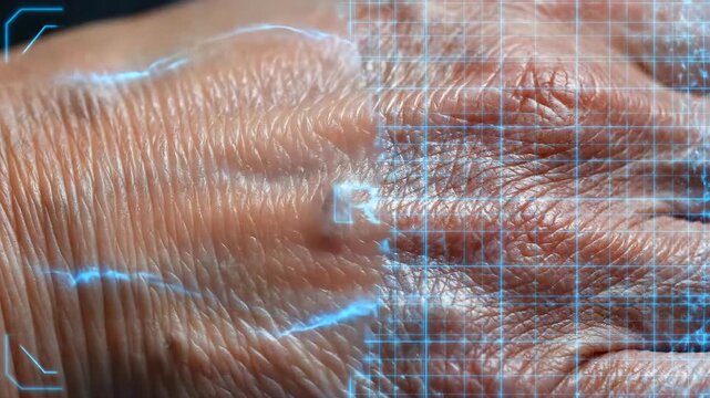 Closeup aged hand with holographic scan overlay, blue XR grid mapping wrinkle topology, highdetail dermis texture, clinical atmosphere, precise biometric measurement, slow scanning
